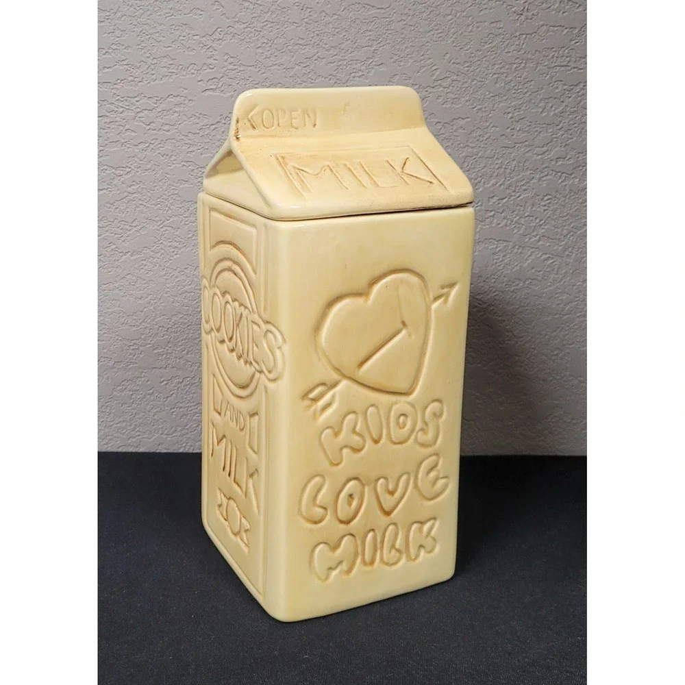 Vintage 1980s Ceramic Milk Carton Cookie Jar Kids Love Milk Retro Kitchen Decor